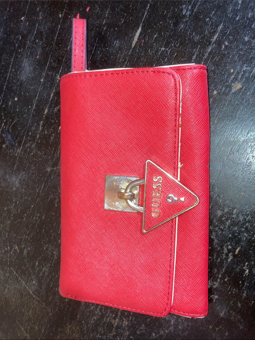 GUESS Red Saffiano Wallet with Gold-Tone Triangle Logo